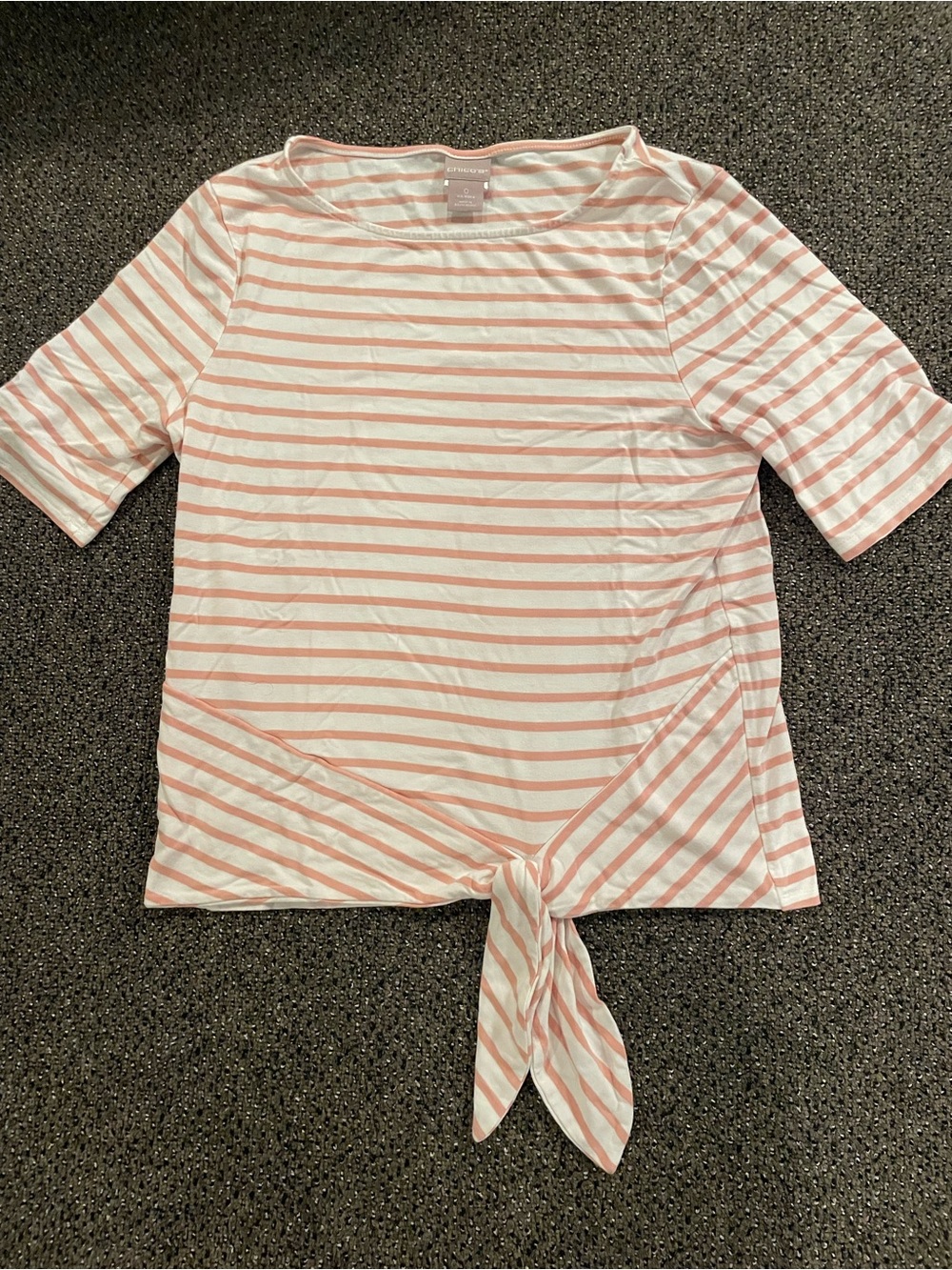 Chico's White and Light Pink Striped Tie-Front Short Sleeve Top